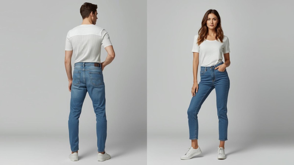How to tell if jeans are men’s or women’s shown with a man and a woman wearing similar blue jeans from the front and back.