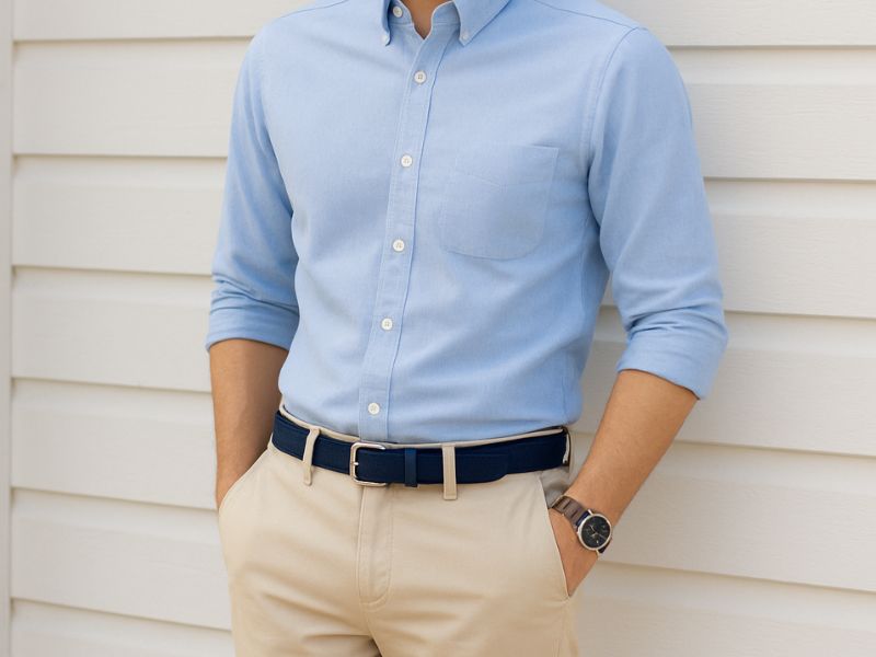 Close-up of a light blue shirt tucked into beige trousers with a navy belt