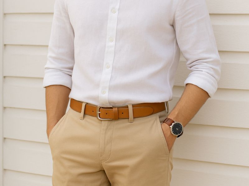 Man wearing khaki pants with tan belt and white linen shirt for a relaxed summer outfit