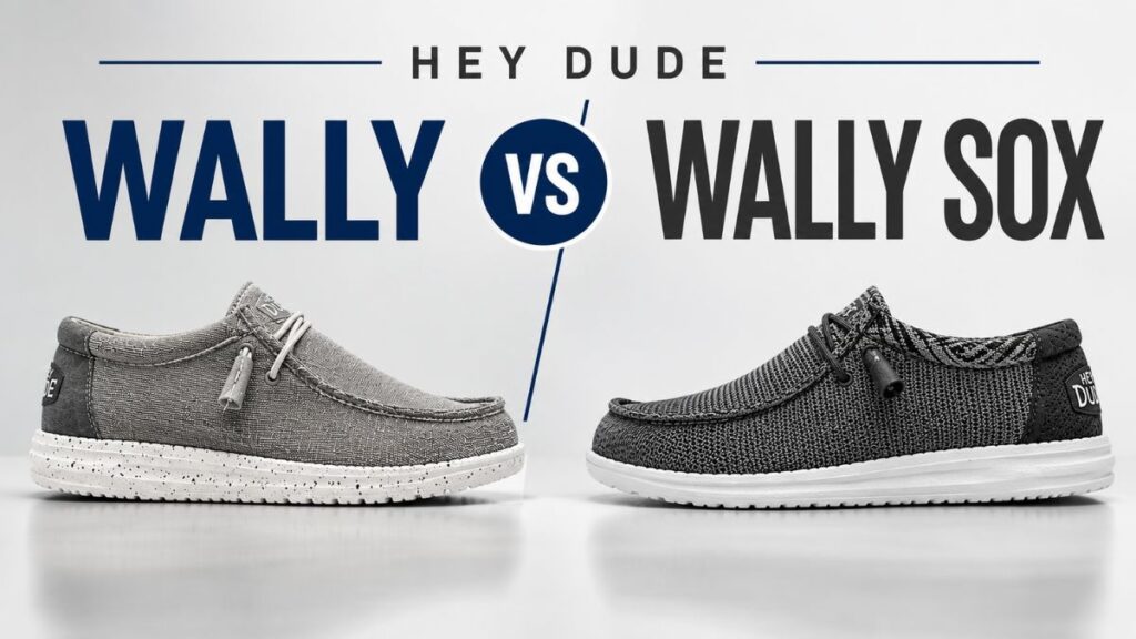 Hey Dude Wally vs Wally Sox 1 Hey Dude Wally vs Wally Sox comparison with the classic Wally and Wally Sox slip-on shoes displayed side by side.