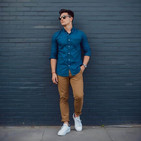Blue Shirt with Brown Pants