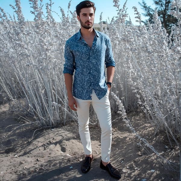 Blue Shirt with Cream Pants