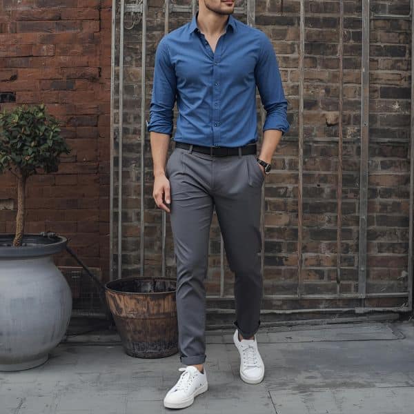 Blue Shirt with Grey Pants