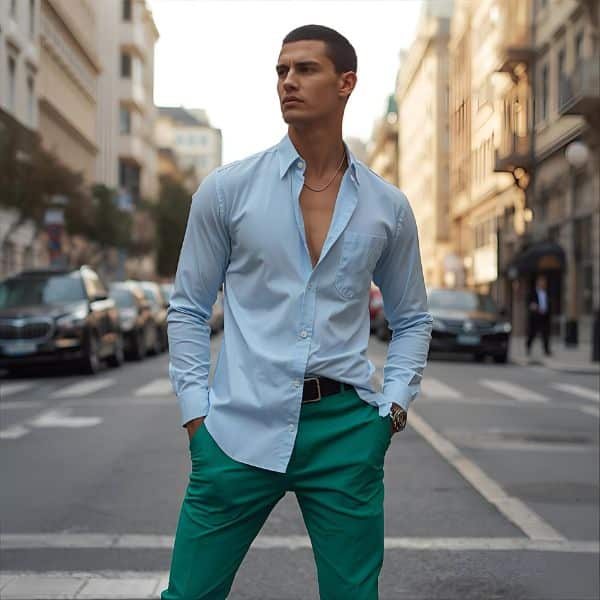 Light Blue Shirt with Green Pants