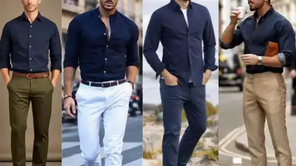 Men wearing blue shirts styled with matching pants in different color combinations.