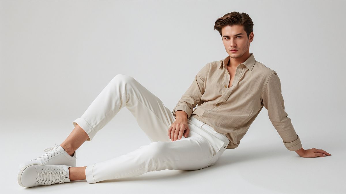 Man styling white pants with white sneakers and a beige shirt for a modern casual outfit idea