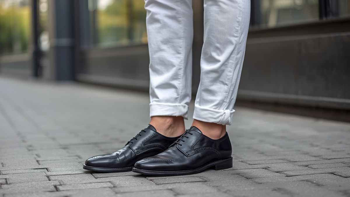 Black Shoes with What Color Pants? 1 Man wearing black leather dress shoes and white rolled-up pants on a city sidewalk.