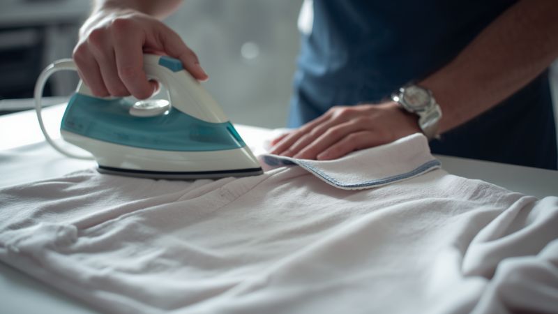 How to Keep Polo Shirt Collars from Curling? 4 Person ironing a white polo shirt using proper steaming and ironing techniques to keep the fabric smooth and wrinkle-free.