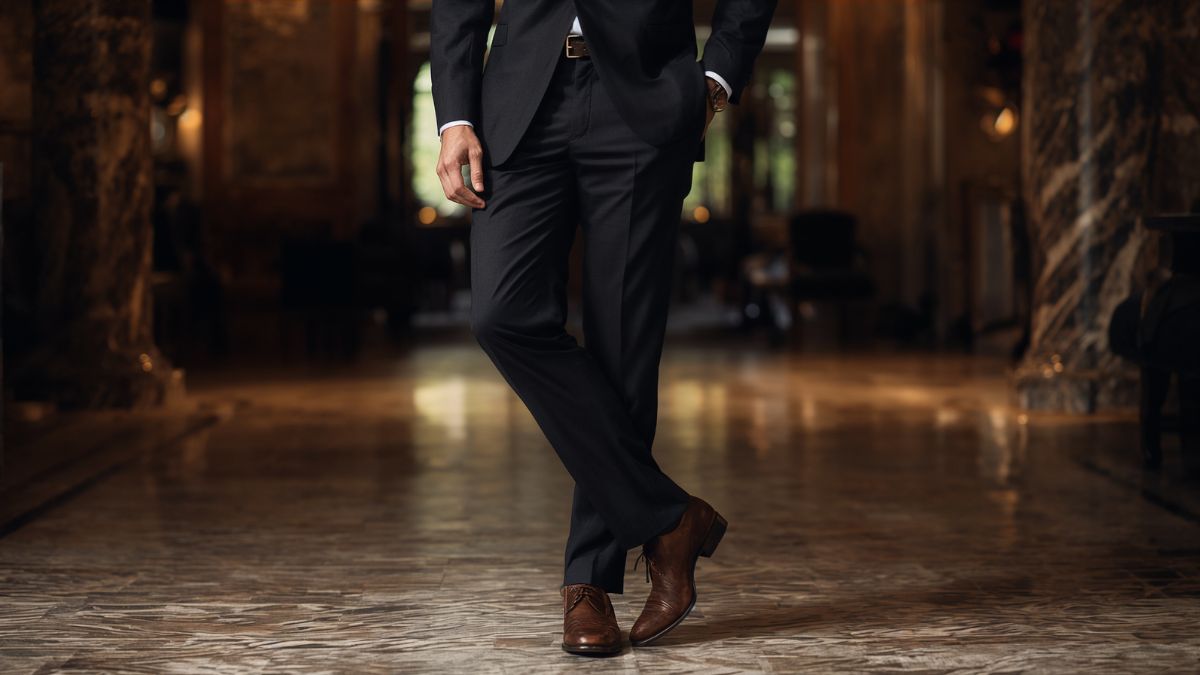 What Color Shoes to Wear with Black Pants? 1 Brown leather dress shoes paired with black pants and a black suit for a sophisticated men’s formal outfit