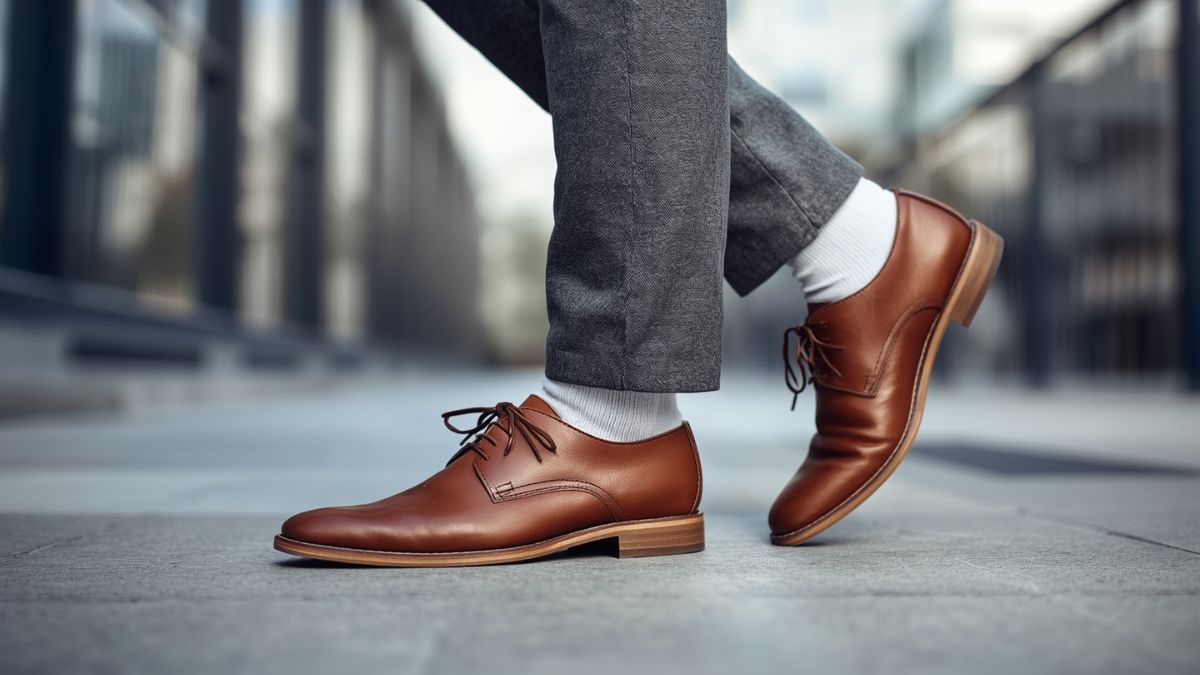 What Color Shoes to Wear with Grey Pants 1 Man wearing brown leather dress shoes and grey trousers in a street style outfit.