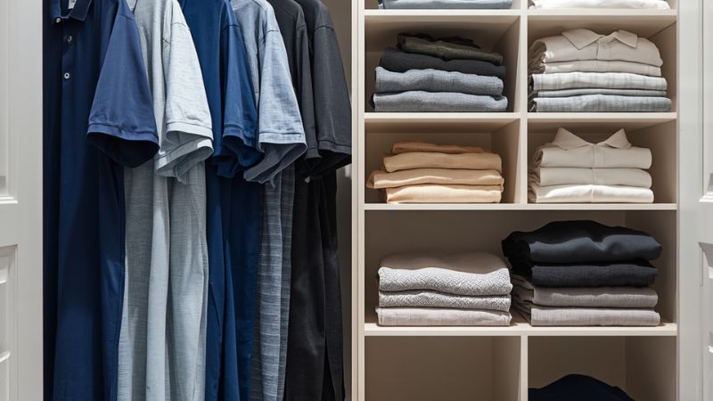 Polo shirts hanging in wardrobe beside neatly folded shirts showing hanging vs folding storage method