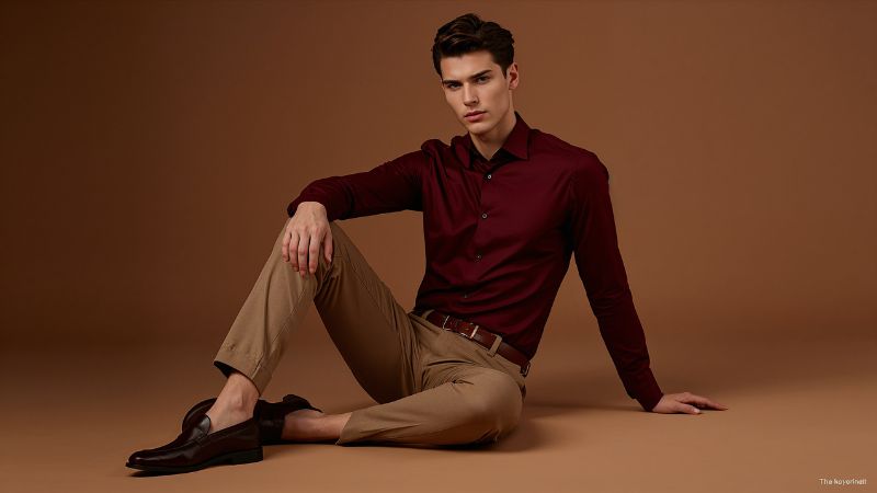 What Color Dress Shirts Go with Khaki Pants? 5 Khaki pants paired with a burgundy shirt for an elegant men’s smart casual look