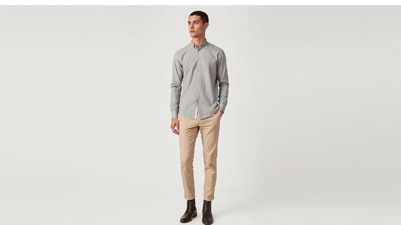 What Color Dress Shirts Go with Khaki Pants? 7 Man styling khaki pants with a gray shirt and brown shoes