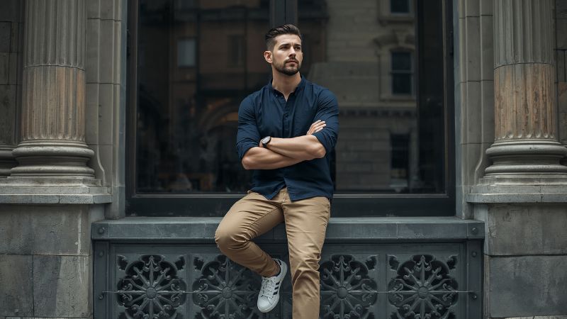 What Color Dress Shirts Go with Khaki Pants? 8 Man wearing khaki pants with a navy button-down shirt for a smart casual outfit