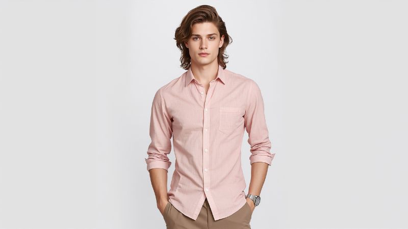 What Color Dress Shirts Go with Khaki Pants? 9 Man wearing khaki pants with a light pink button-down shirt for a smart casual outfit idea