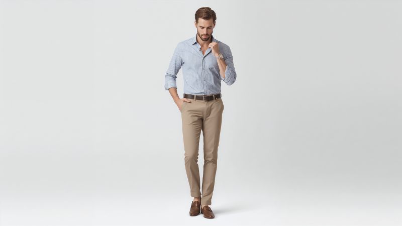 What Color Dress Shirts Go with Khaki Pants? 6 Man wearing khaki pants with a light blue striped dress shirt and brown loafers in a smart casual men's outfit style.