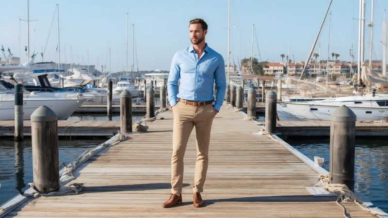 What Color Dress Shirts Go with Khaki Pants? 3 Khaki pants paired with a light blue shirt for a smart casual men’s look