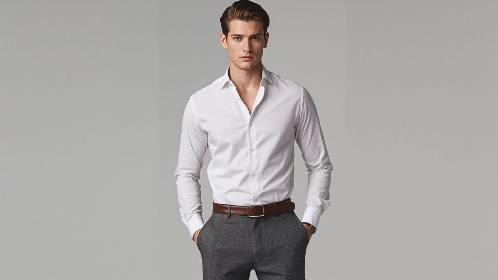 What Color Belt with Grey Pants 1 Man wearing white dress shirt with grey pants and brown leather belt formal outfit style
