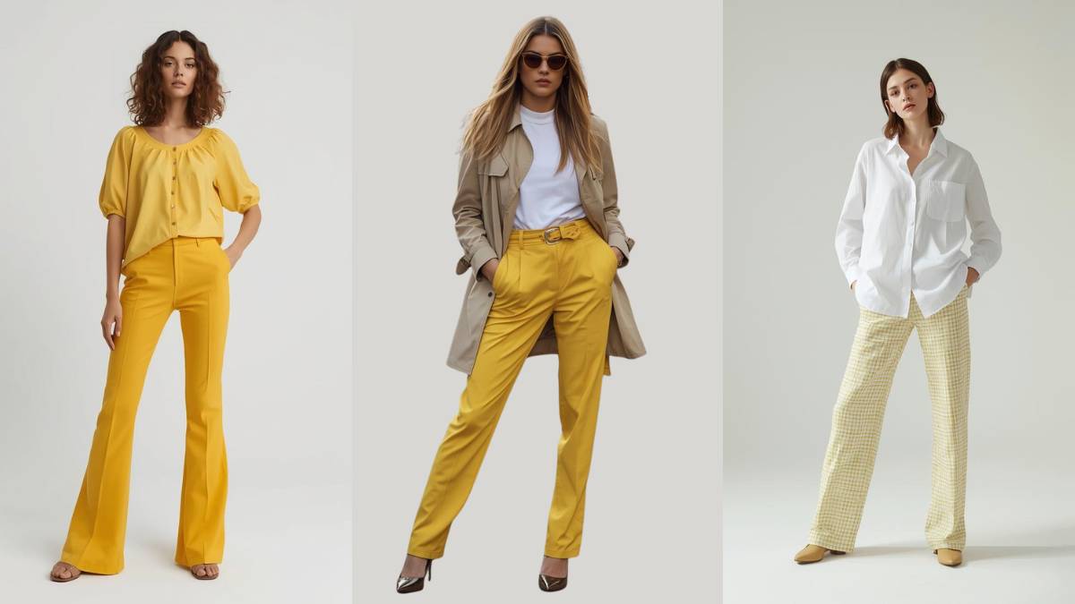 Women wearing yellow pants styled with neutral tops and layers, showing what to wear with yellow pants for casual and smart-casual outfits.