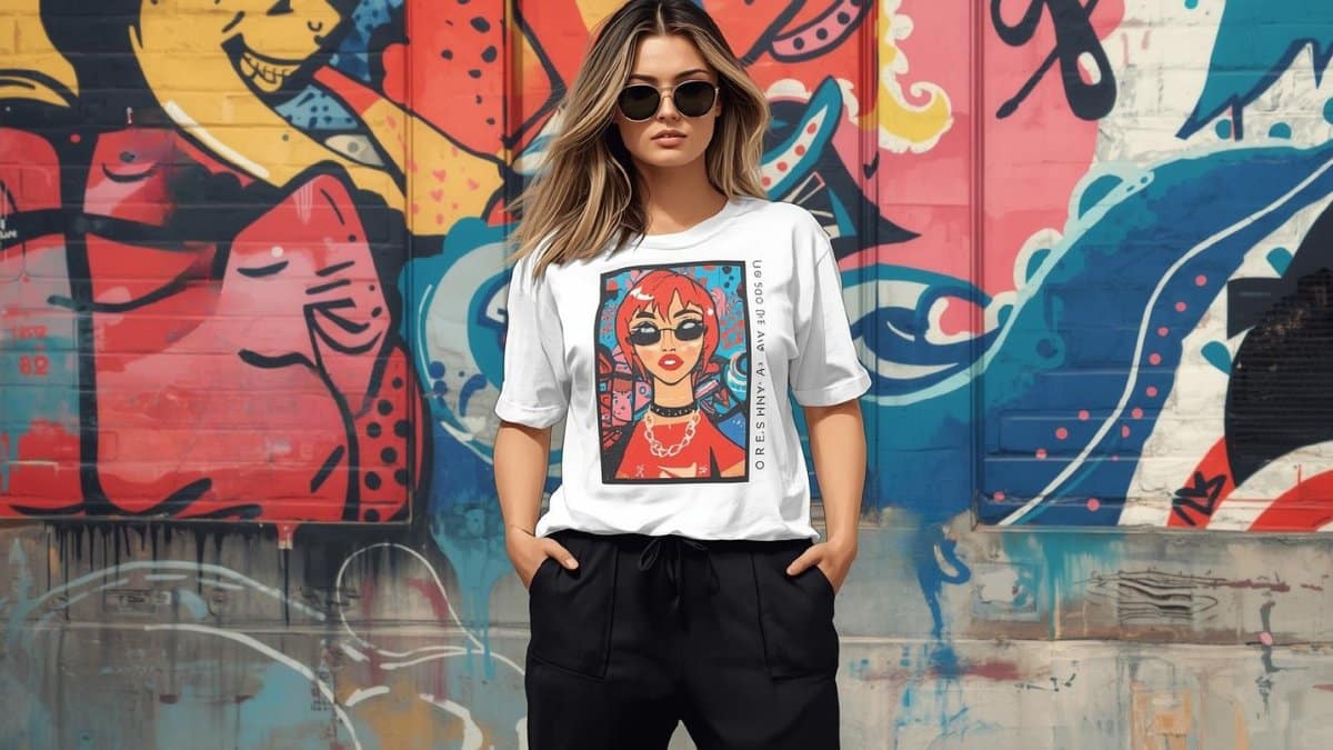 Woman showing what to wear with black linen pants, styled with a graphic T-shirt and sunglasses for a casual street look.