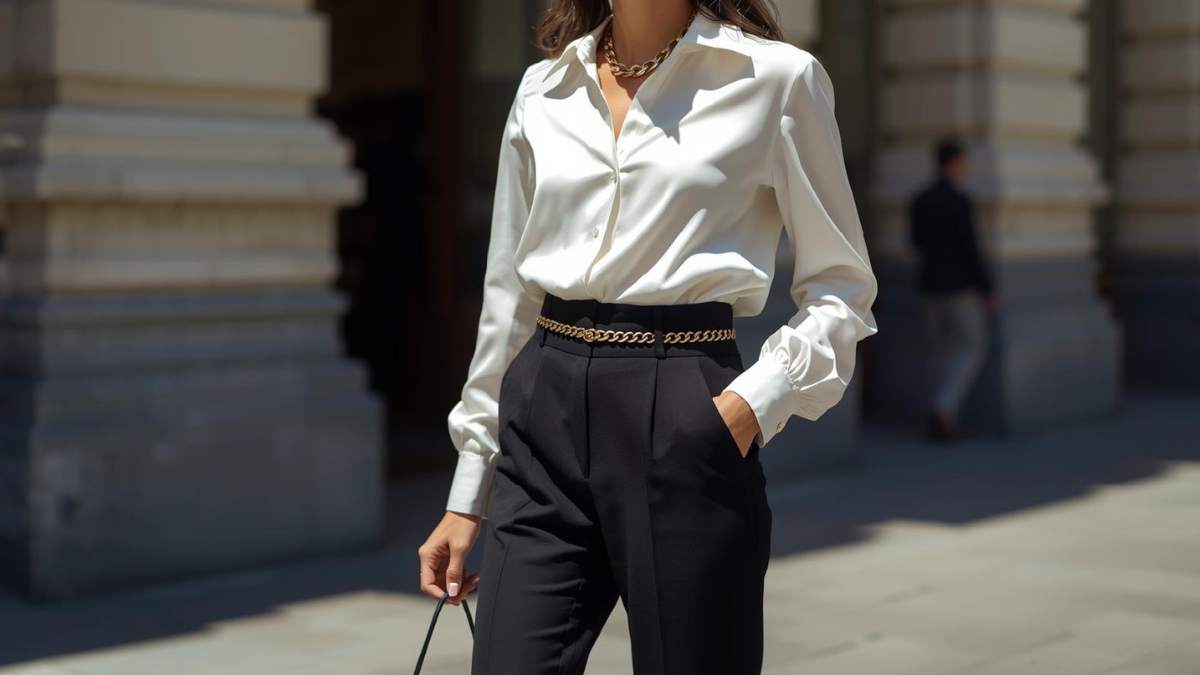 What to wear with brown pants female styled as dress pants with a white blouse for a polished women’s outfit