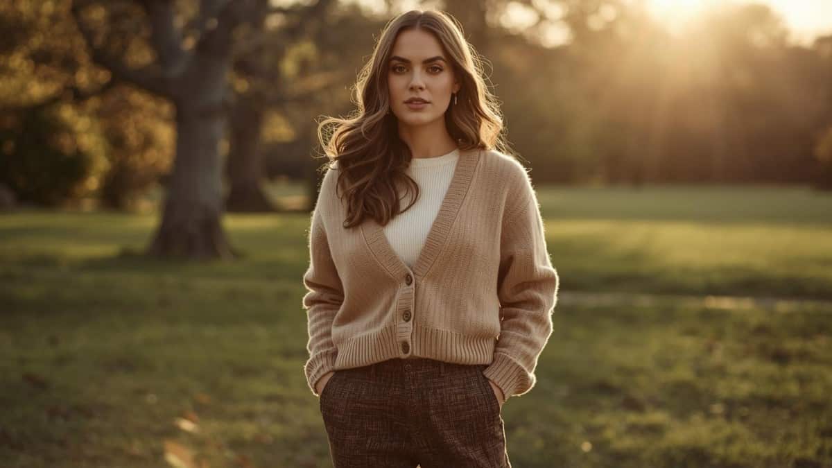 Woman wearing a beige cardigan over a white top with brown trousers in an outdoor autumn setting