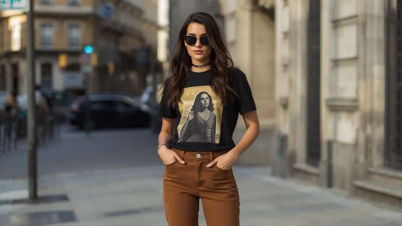 Dark brown what to wear with brown pants for women shown by a woman wearing a black graphic T-shirt paired with brown pants on a city street.