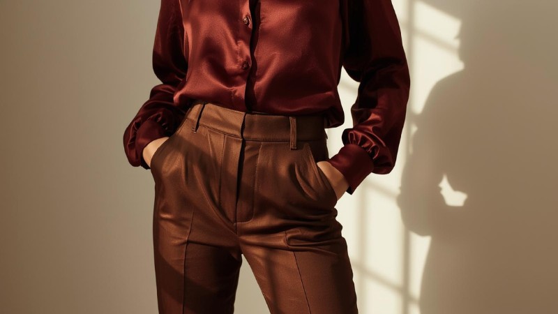 Dark Brown What to Wear with Brown Pants Female? 5 Woman wearing a burgundy satin blouse with high-waisted brown trousers in a minimalist outfit