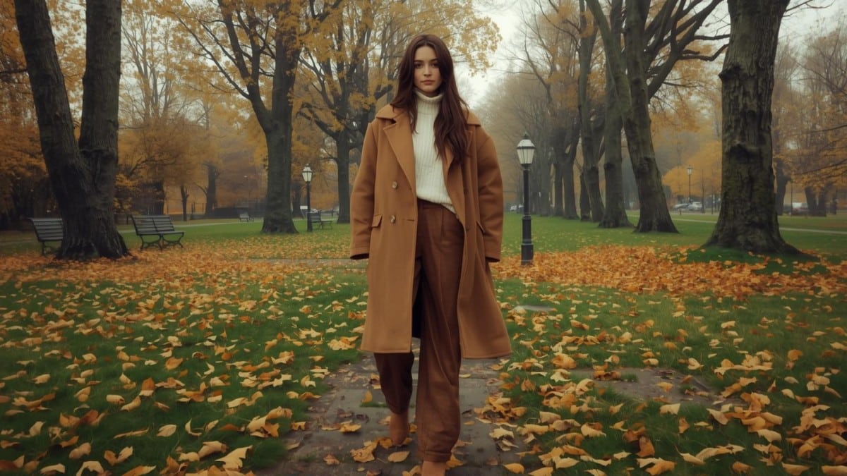 What to wear with brown pants female – woman styling brown trousers with a cream sweater and camel coat for a chic fall outfit