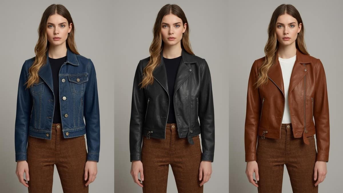 Women wearing denim, black, and brown jackets styled with brown pants, showing what to wear with brown pants for women.