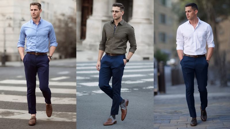 Brown Shoes Blue Pants What Color Shirt? 2 Three men wearing blue pants with brown shoes and different shirt colors in smart casual outfits