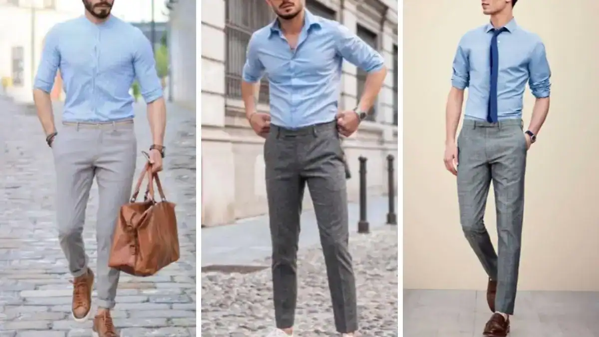 Light blue shirt with grey pants outfit ideas and best shoe color combinations for men