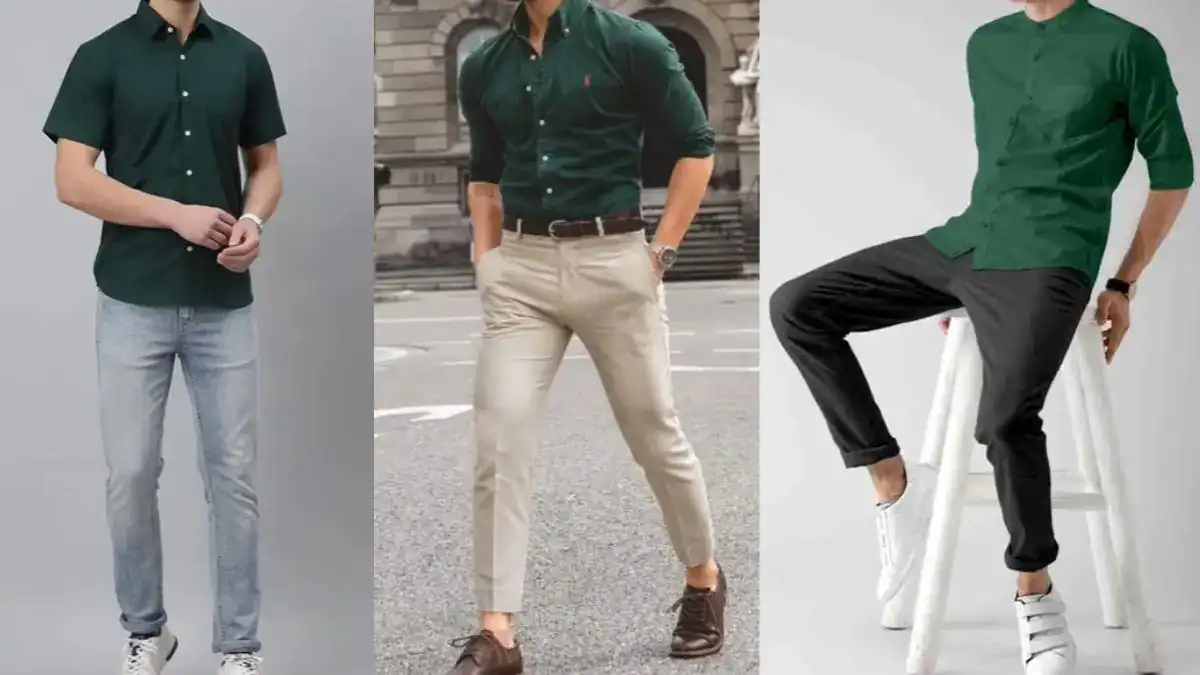 Men wearing green shirts styled with beige, grey, and black pants — outfit ideas showing what color pants go with a green shirt.
