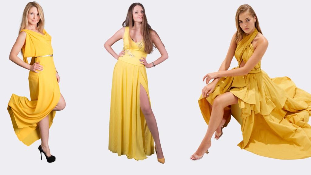 What Color Shoes with Mustard Yellow Dress 1 What color shoes with mustard yellow dress styling guide, featuring women wearing elegant mustard yellow dresses for formal and party outfits.