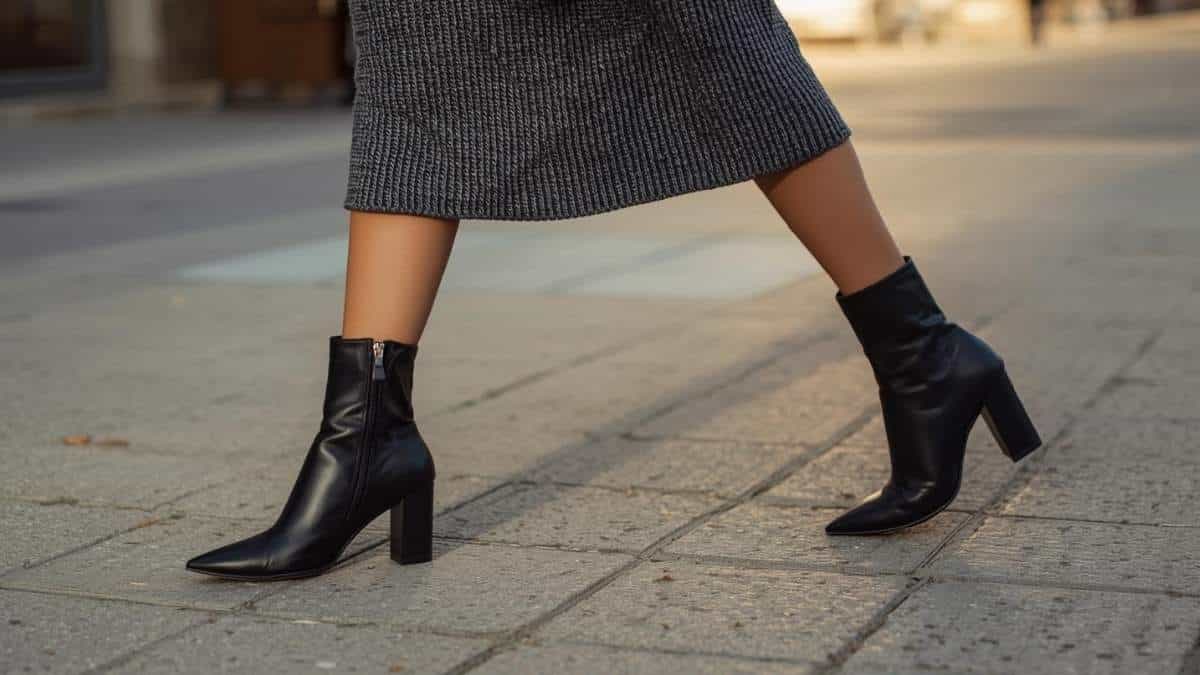 What shoes to wear with a jumper dress, featuring black ankle boots styled with a knitted jumper dress for a chic everyday look.