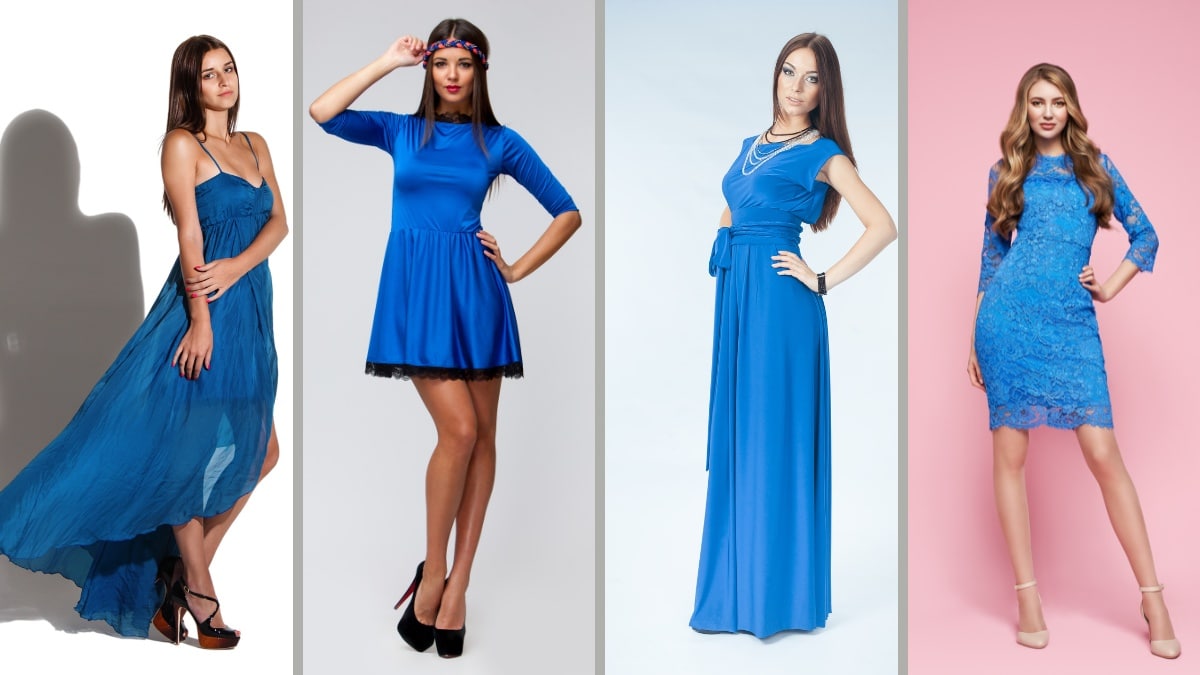 Different styles of blue dresses showing what color shoes for blue dress outfits