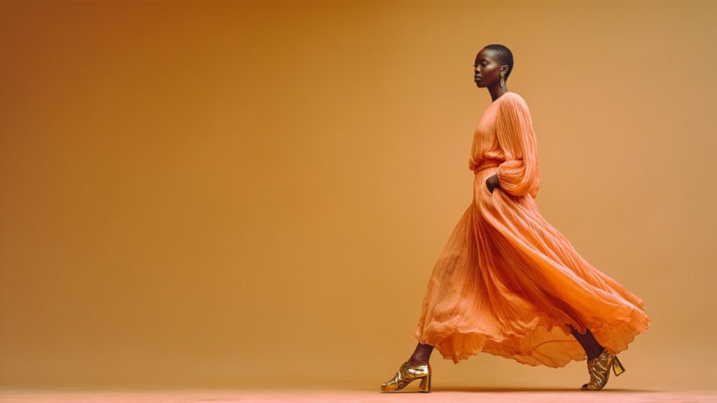 What color shoes with coral dress? 1 Woman wearing a flowing coral dress styled with metallic gold ankle boots on a warm-toned background