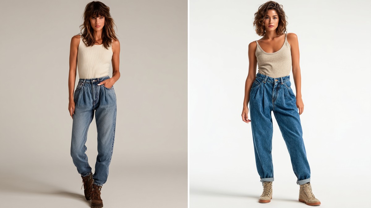 Side-by-side comparison of mom jeans and boyfriend jeans for women, showing differences in fit, rise, and leg shape.