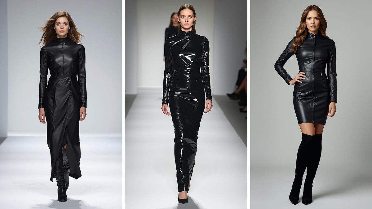 Models wearing black leather dresses styled with heels and boots, showing what shoes to wear with a black leather dress.