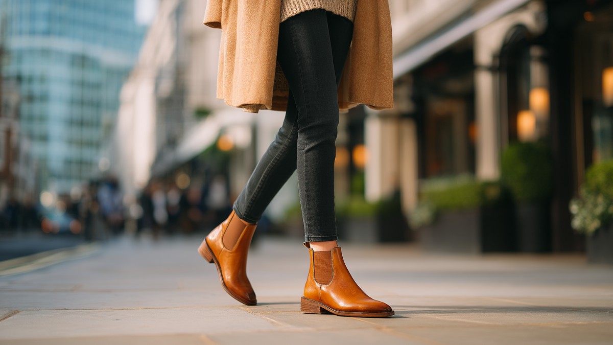Woman wearing tan Chelsea boots with black skinny jeans, styled with a long neutral coat, walking on a city street in a casual everyday outfit.