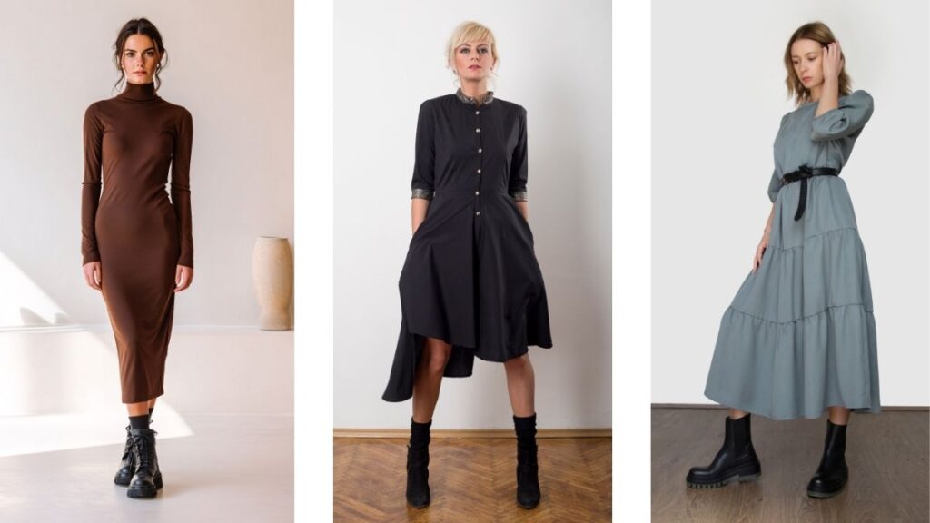 What shoes to wear with a midi dress in winter, featuring women styling midi dresses with ankle boots and winter footwear.