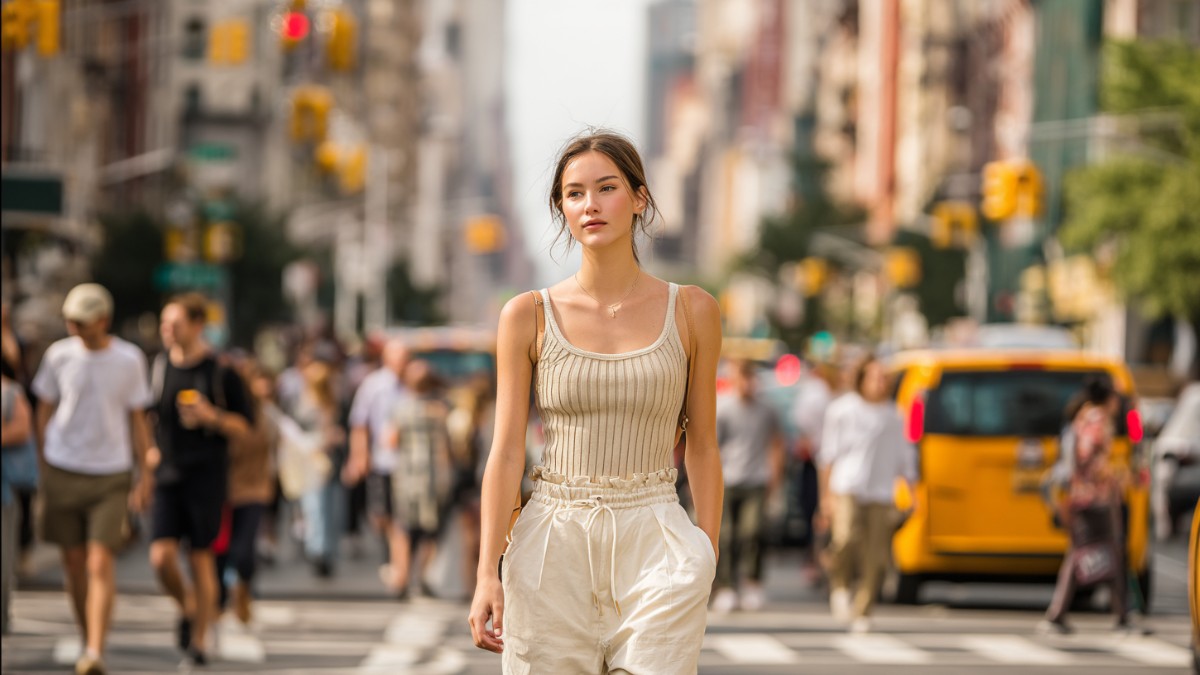 A woman in a city street wearing a striped sweater tank and light-colored trousers.