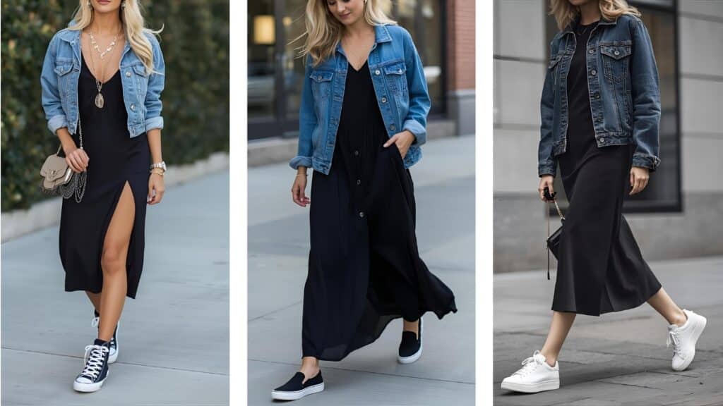 Black Dress with Denim Jacket and Sneakers 1