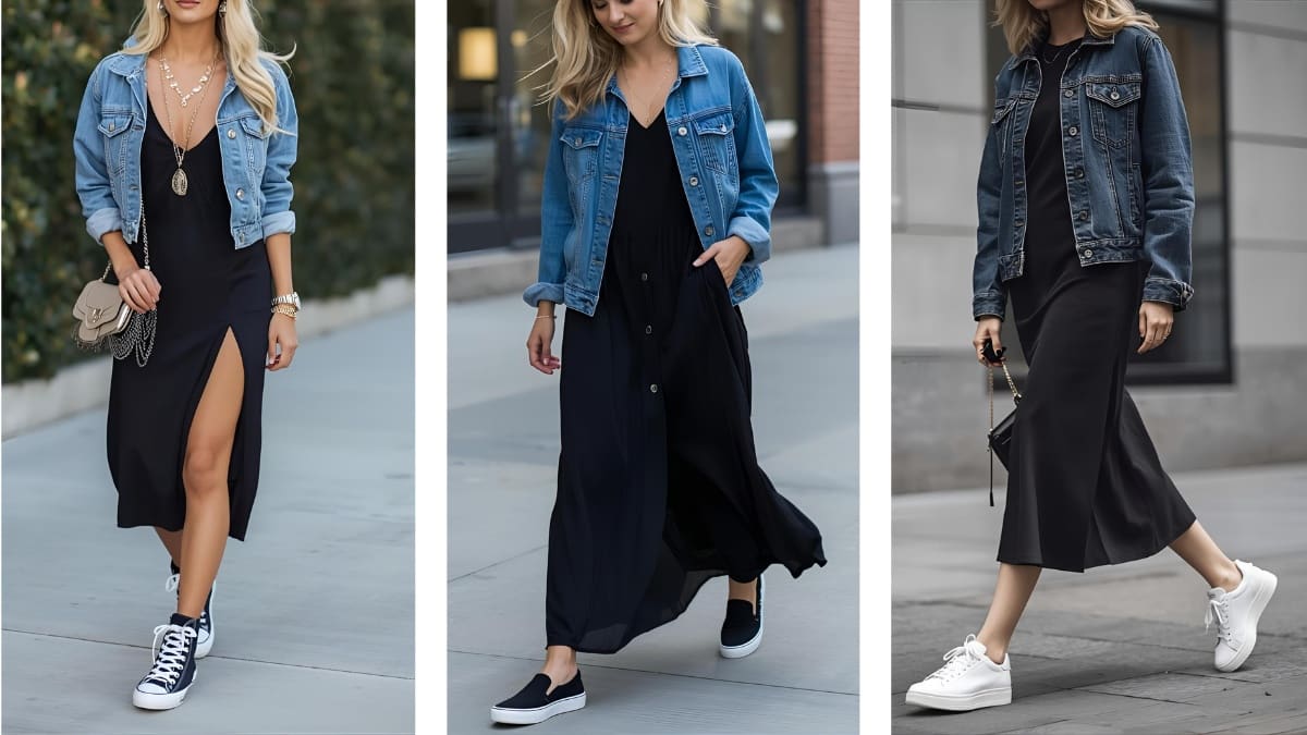 long black dress with denim jacket and sneakers Converse Black Dress With Denim Jacket And Sneakers Converse Chic On The Cheap Connecticut Based Style