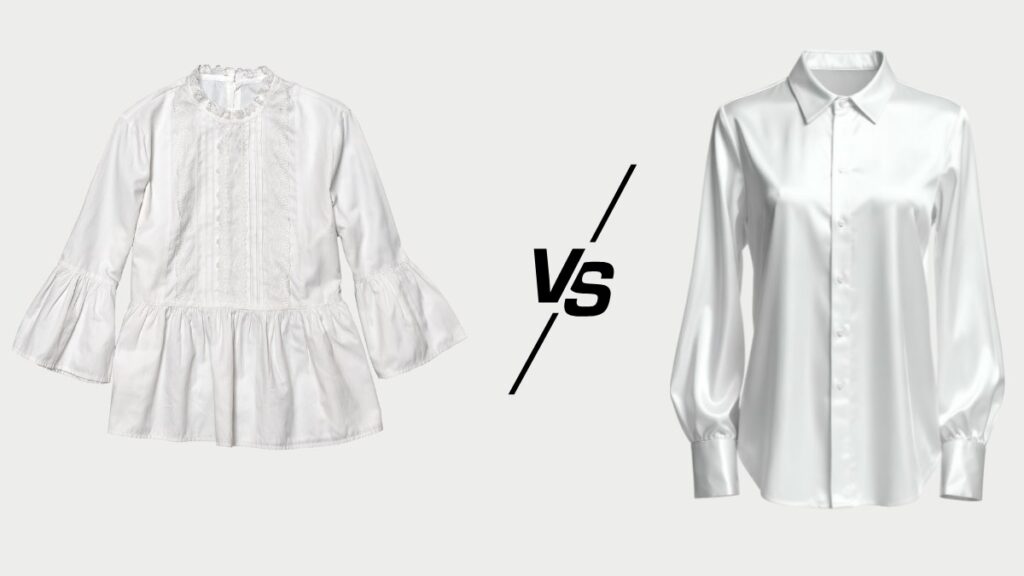 Blouses vs Shirts 1 Blouses vs shirts – visual comparison between a flowy white women’s blouse and a tailored white button-up shirt.