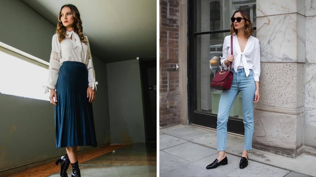 How to wear a tie neck blouse styled with a pleated midi skirt and with jeans for elegant work and casual outfits.