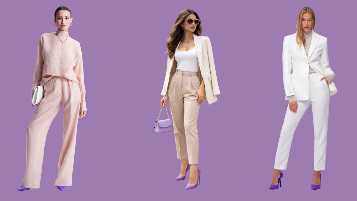 What Colors Match With Purple Shoes 1 Neutral outfits styled with purple shoes, showing what colors match with purple shoes