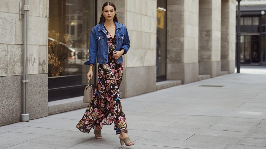 How to accessorize a floral maxi dress styled with a denim jacket, neutral heels, and a structured handbag for an effortless city look