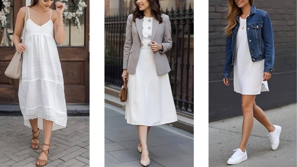 How to style a white cotton dress for summer – three outfit ideas including a tiered white midi dress with sandals, a white midi dress styled with a blazer and heels, and a casual white dress paired with a denim jacket and white sneakers.