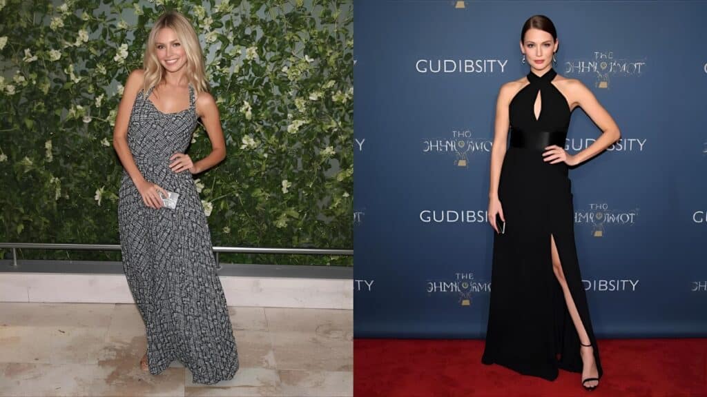 Maxi dress vs jumpsuit comparison shown with a woman wearing a patterned maxi dress on the left and another woman wearing a black cutout evening jumpsuit on the right.